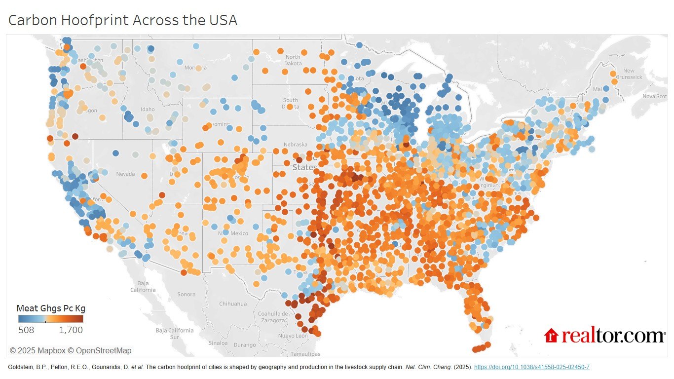 Your City’s ‘Hoofprint’ Could Affect Your Home’s Sustainability Score 1 Map showing carbon hoof prints across the continental U.S.
